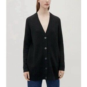 COS Black Textured V Neck Button Front Long Cardigan Size Medium